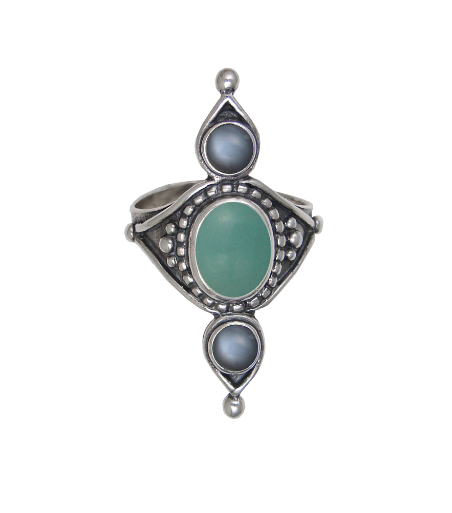 Sterling Silver Royal Ring With Aventurine And Grey Moonstone Size 10